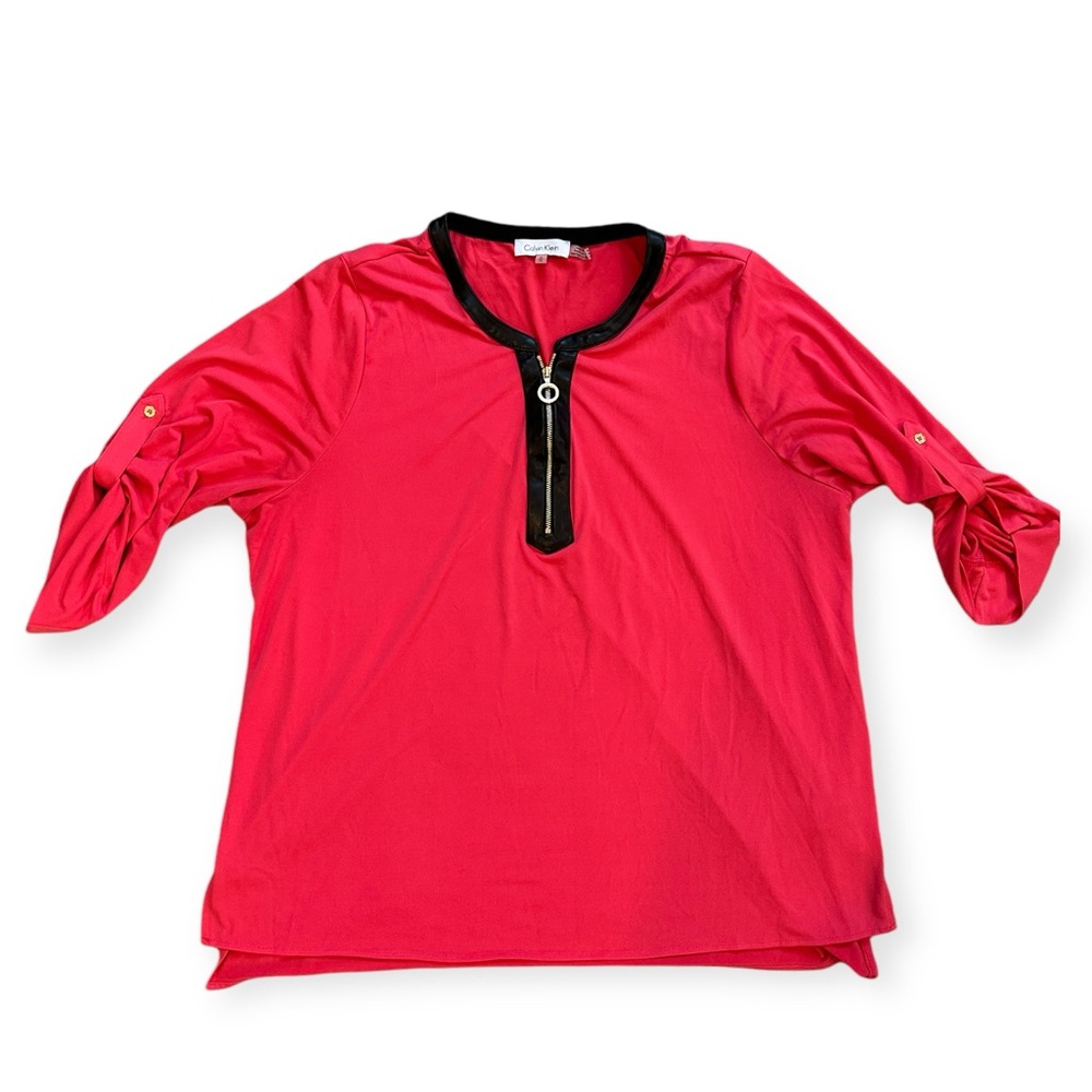 Calvin Klein Faux Leather Zip-Up Tunic Top Blouse Roll-Tab Sleeves Size XL
